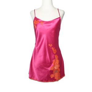 Victoria's Secret hot pink satin mini slip dress nighty orange lace XS